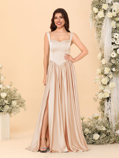 A-Line/Princess V-Neck Sleeveless Long Bridesmaid Dresses with Side Slit & Pleats