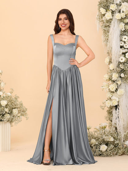 A-Line/Princess V-Neck Sleeveless Long Bridesmaid Dresses with Side Slit & Pleats