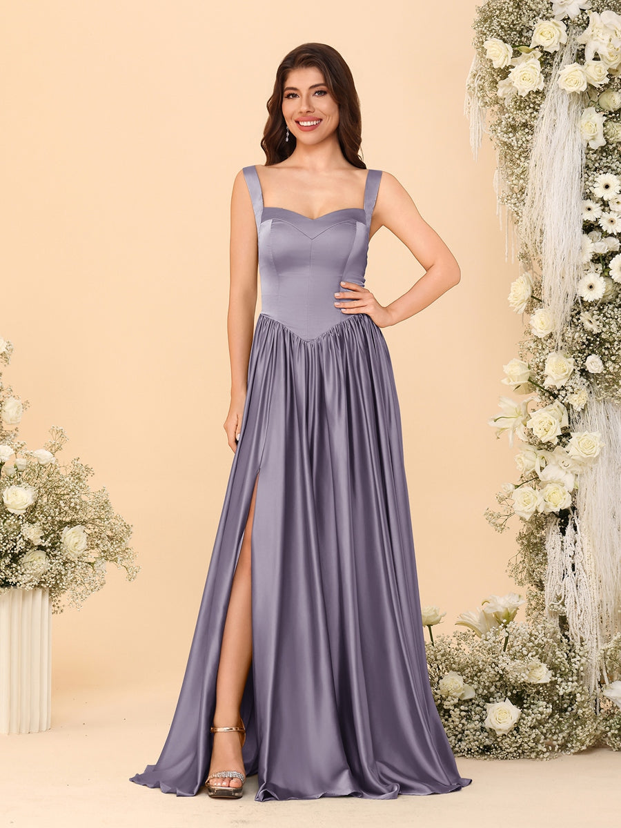 A-Line/Princess V-Neck Sleeveless Long Bridesmaid Dresses with Side Slit & Pleats