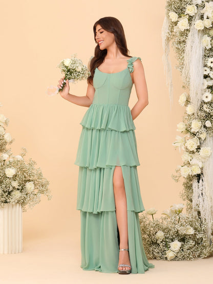 A-Line/Princess Scoop Sleeveless Floor-Length Bridesmaid Dresses With Ruffles & Side Slit