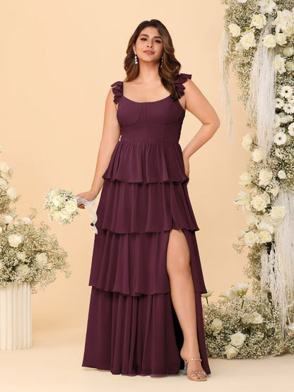 A-Line/Princess Scoop Sleeveless Floor-Length Bridesmaid Dresses With Ruffles & Side Slit