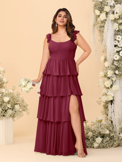 A-Line/Princess Scoop Sleeveless Floor-Length Bridesmaid Dresses With Ruffles & Side Slit