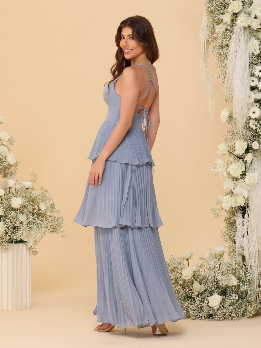 A-Line/Princess Spaghetti Straps Sleeveless Floor-Length Tiered Bridesmaid Dresses With  & Pleats