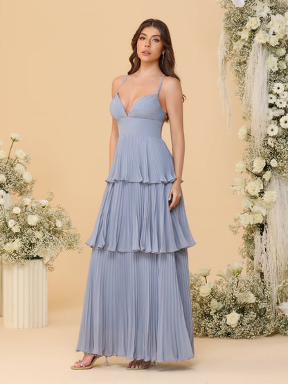 A-Line/Princess Spaghetti Straps Sleeveless Floor-Length Tiered Bridesmaid Dresses With  & Pleats