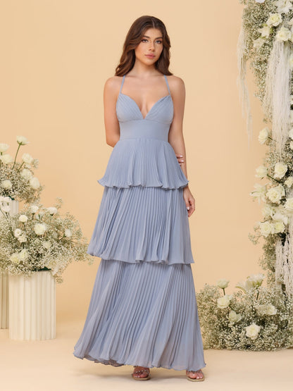 A-Line/Princess Spaghetti Straps Sleeveless Floor-Length Tiered Bridesmaid Dresses With  & Pleats