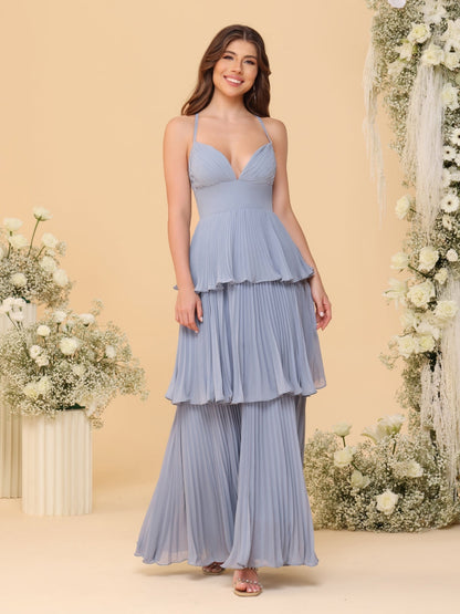 A-Line/Princess Spaghetti Straps Sleeveless Floor-Length Tiered Bridesmaid Dresses With  & Pleats