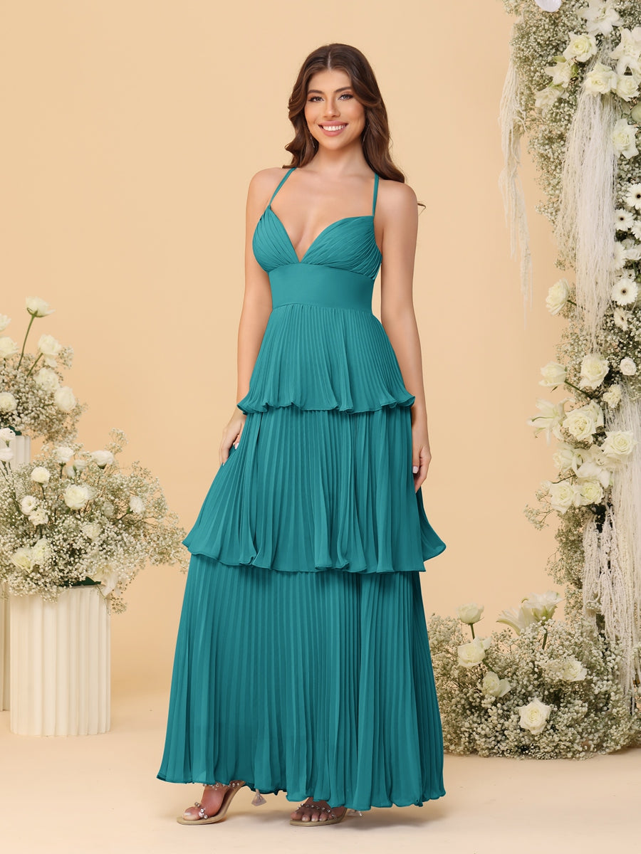 A-Line/Princess Spaghetti Straps Sleeveless Floor-Length Tiered Bridesmaid Dresses With  & Pleats