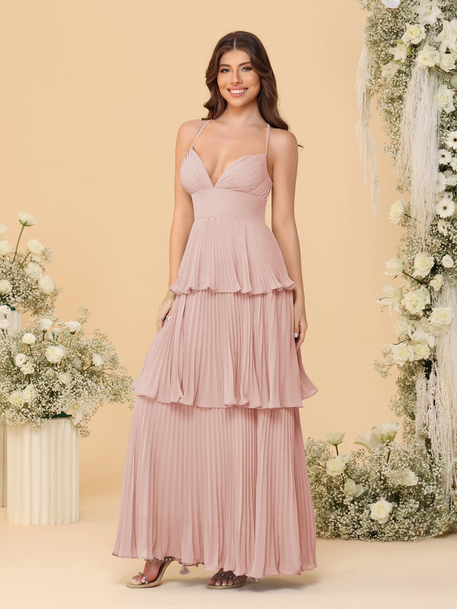 A-Line/Princess Spaghetti Straps Sleeveless Floor-Length Tiered Bridesmaid Dresses With  & Pleats