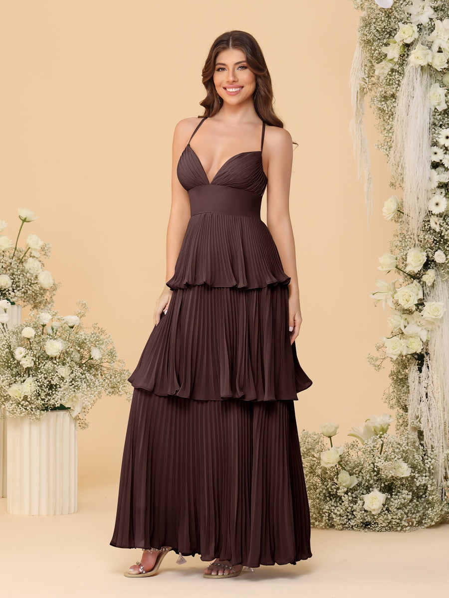 A-Line/Princess Spaghetti Straps Sleeveless Floor-Length Tiered Bridesmaid Dresses With  & Pleats
