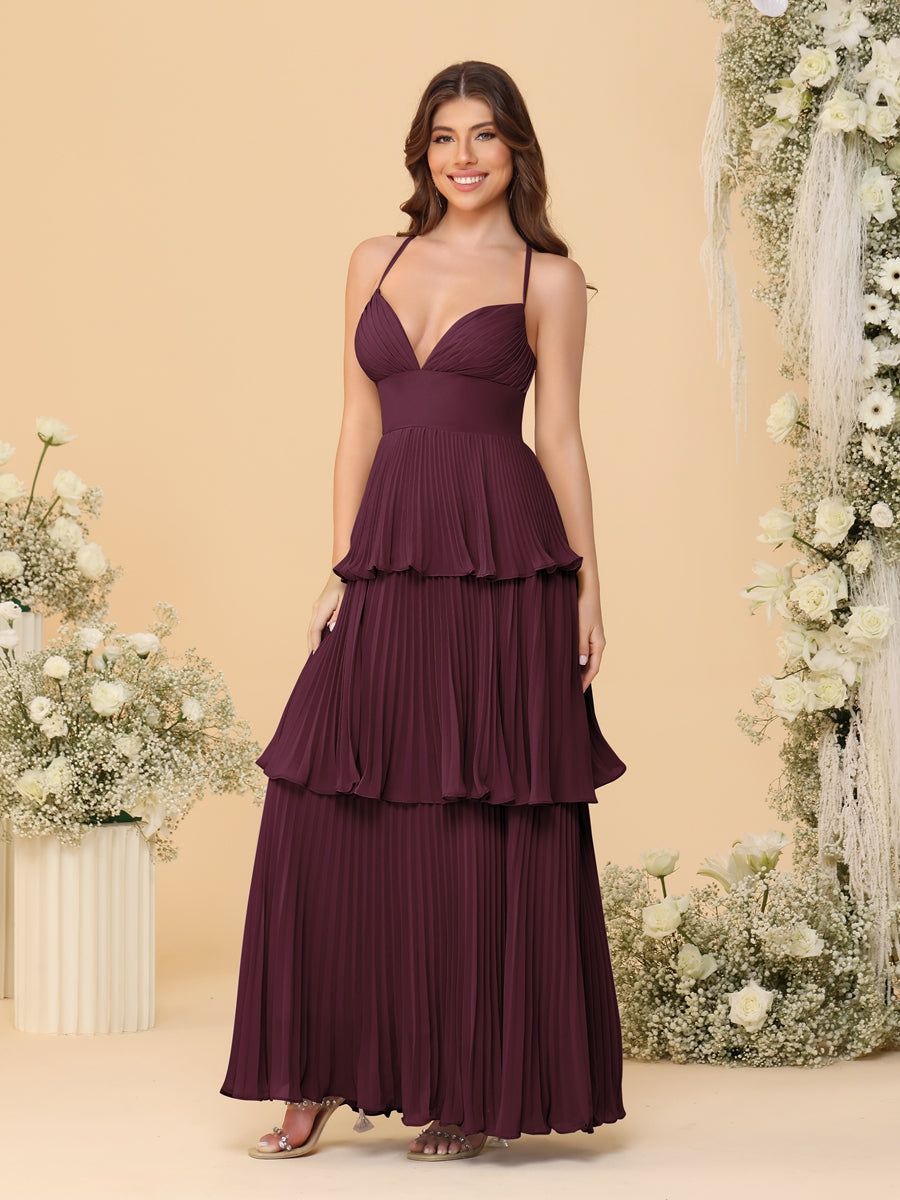 A-Line/Princess Spaghetti Straps Sleeveless Floor-Length Tiered Bridesmaid Dresses With  & Pleats