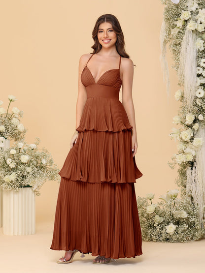 A-Line/Princess Spaghetti Straps Sleeveless Floor-Length Tiered Bridesmaid Dresses With  & Pleats