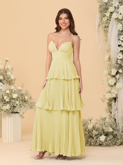 A-Line/Princess Spaghetti Straps Sleeveless Floor-Length Tiered Bridesmaid Dresses With  & Pleats