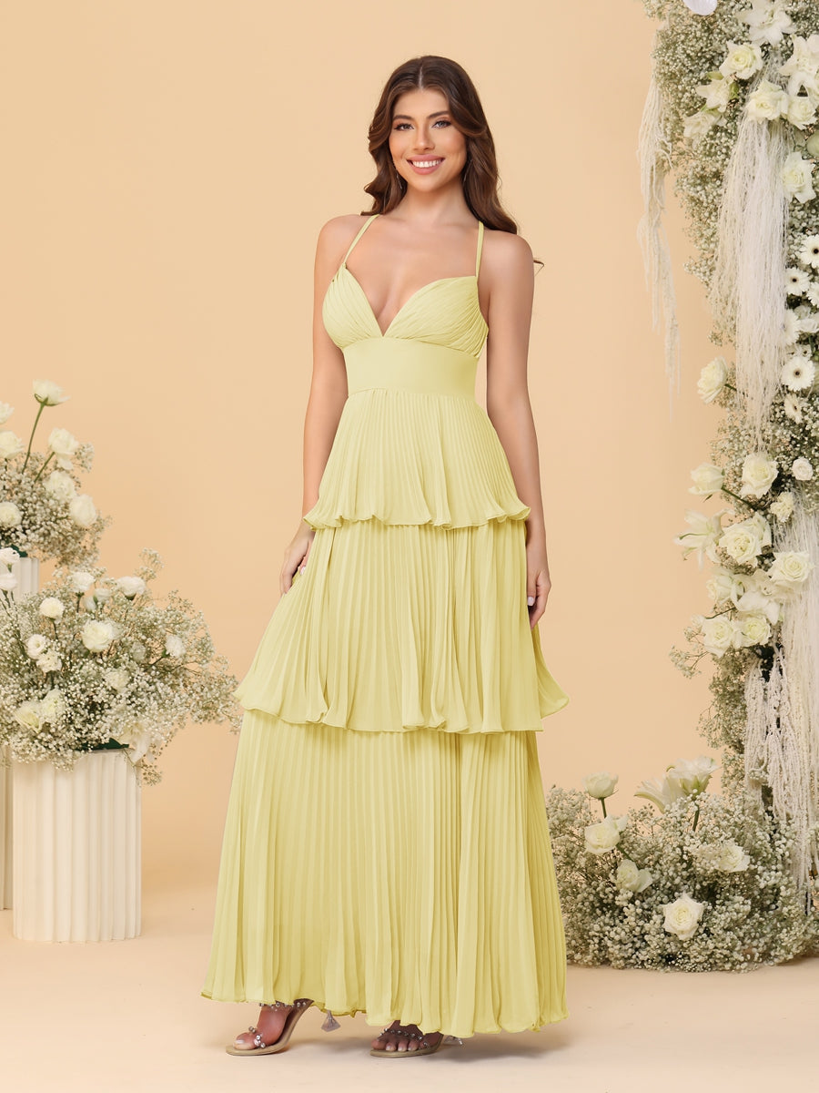 A-Line/Princess Spaghetti Straps Sleeveless Floor-Length Tiered Bridesmaid Dresses With  & Pleats