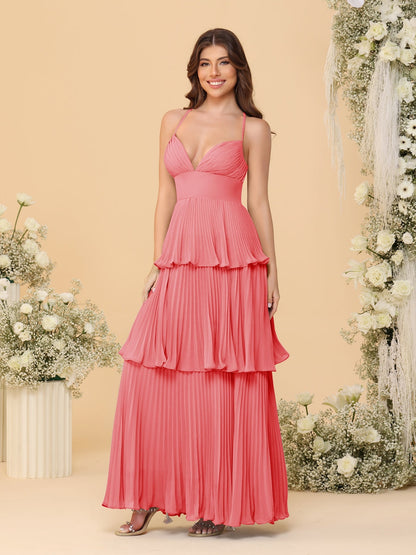 A-Line/Princess Spaghetti Straps Sleeveless Floor-Length Tiered Bridesmaid Dresses With  & Pleats