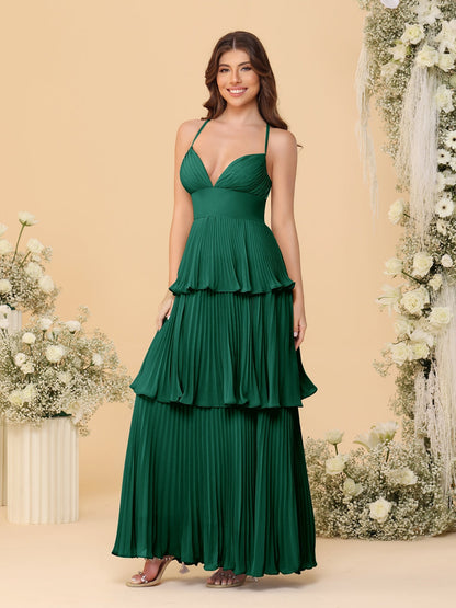 A-Line/Princess Spaghetti Straps Sleeveless Floor-Length Tiered Bridesmaid Dresses With  & Pleats