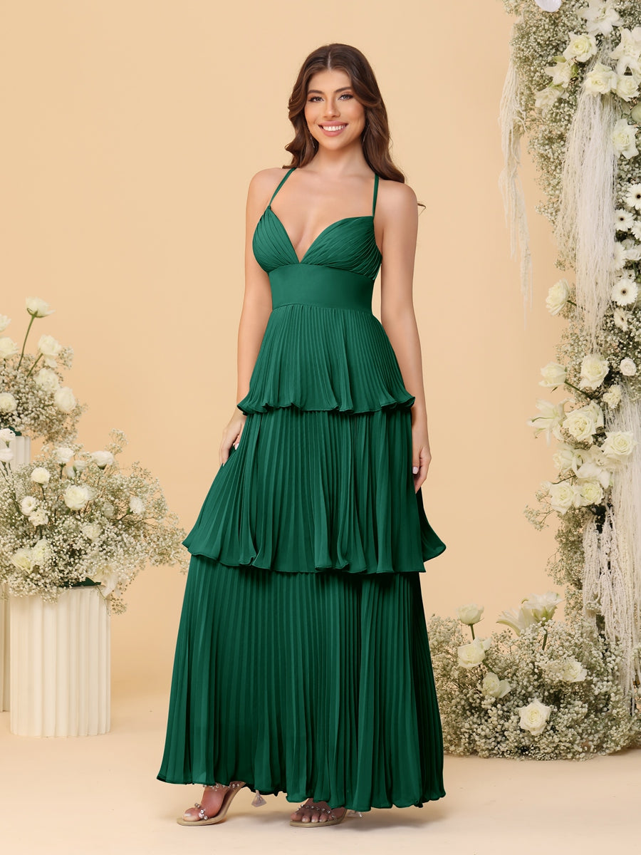 A-Line/Princess Spaghetti Straps Sleeveless Floor-Length Tiered Bridesmaid Dresses With  & Pleats