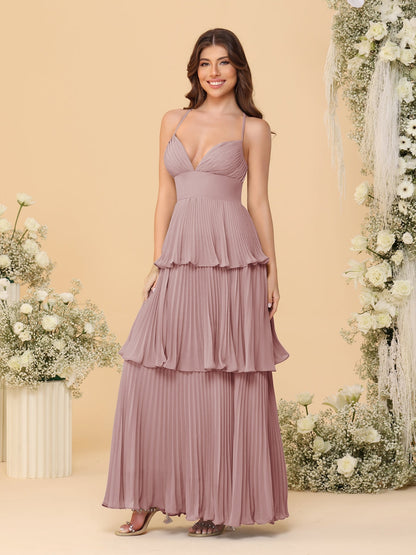 A-Line/Princess Spaghetti Straps Sleeveless Floor-Length Tiered Bridesmaid Dresses With  & Pleats