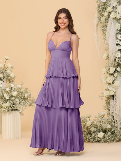 A-Line/Princess Spaghetti Straps Sleeveless Floor-Length Tiered Bridesmaid Dresses With  & Pleats