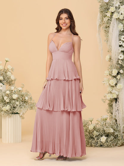 A-Line/Princess Spaghetti Straps Sleeveless Floor-Length Tiered Bridesmaid Dresses With  & Pleats