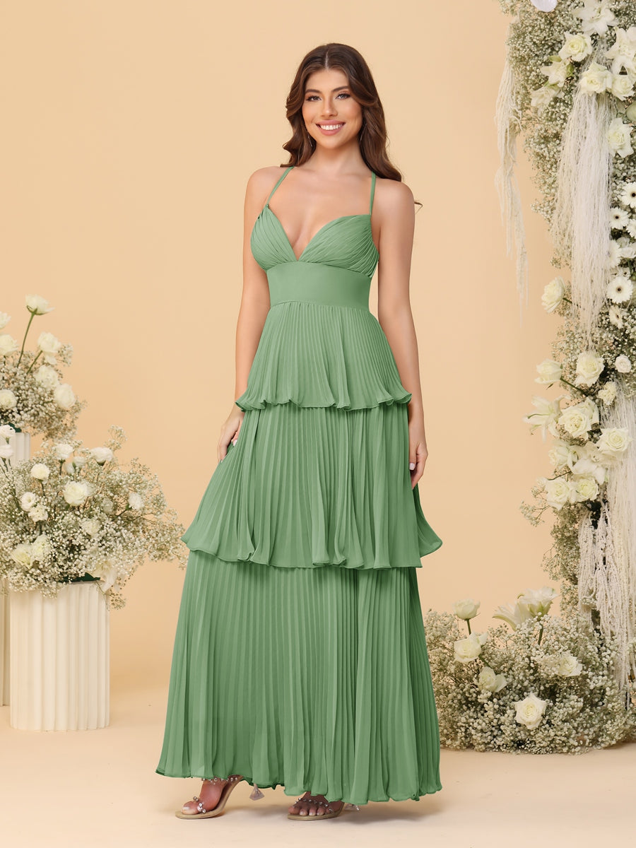 A-Line/Princess Spaghetti Straps Sleeveless Floor-Length Tiered Bridesmaid Dresses With  & Pleats