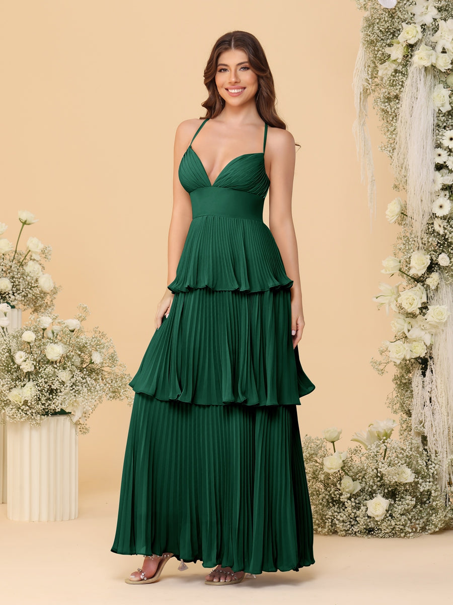 A-Line/Princess Spaghetti Straps Sleeveless Floor-Length Tiered Bridesmaid Dresses With  & Pleats