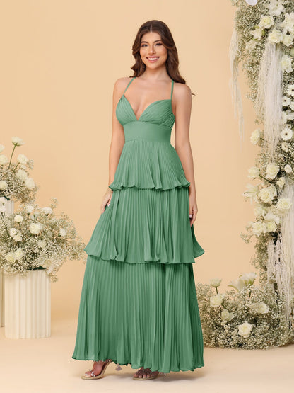 A-Line/Princess Spaghetti Straps Sleeveless Floor-Length Tiered Bridesmaid Dresses With  & Pleats