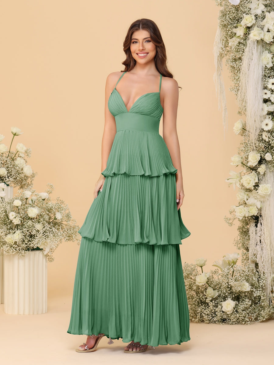 A-Line/Princess Spaghetti Straps Sleeveless Floor-Length Tiered Bridesmaid Dresses With  & Pleats