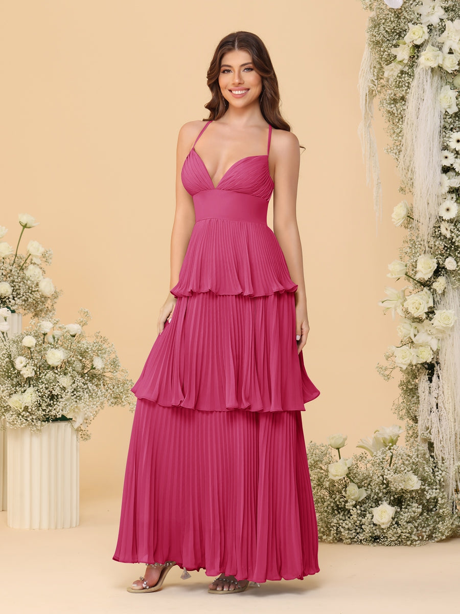 A-Line/Princess Spaghetti Straps Sleeveless Floor-Length Tiered Bridesmaid Dresses With  & Pleats