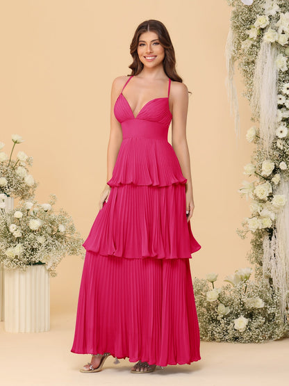 A-Line/Princess Spaghetti Straps Sleeveless Floor-Length Tiered Bridesmaid Dresses With  & Pleats