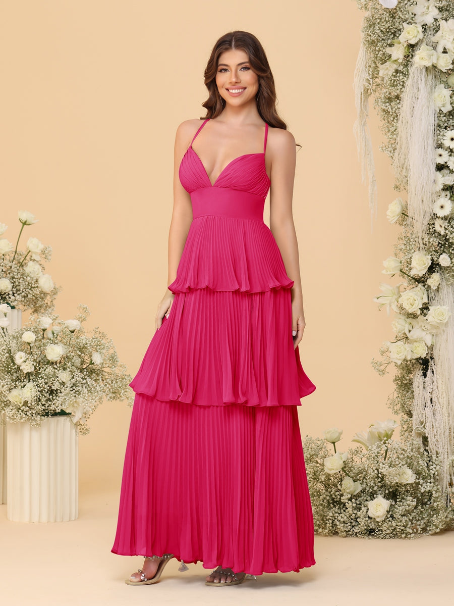 A-Line/Princess Spaghetti Straps Sleeveless Floor-Length Tiered Bridesmaid Dresses With  & Pleats