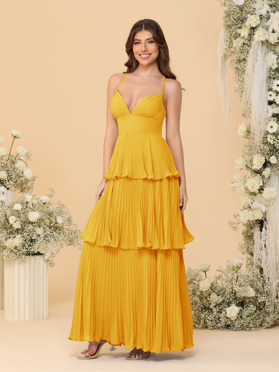 A-Line/Princess Spaghetti Straps Sleeveless Floor-Length Tiered Bridesmaid Dresses With  & Pleats