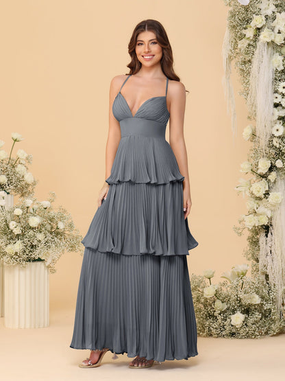 A-Line/Princess Spaghetti Straps Sleeveless Floor-Length Tiered Bridesmaid Dresses With  & Pleats