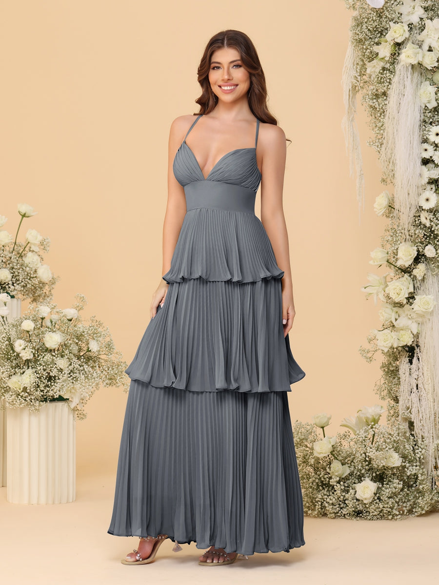 A-Line/Princess Spaghetti Straps Sleeveless Floor-Length Tiered Bridesmaid Dresses With  & Pleats