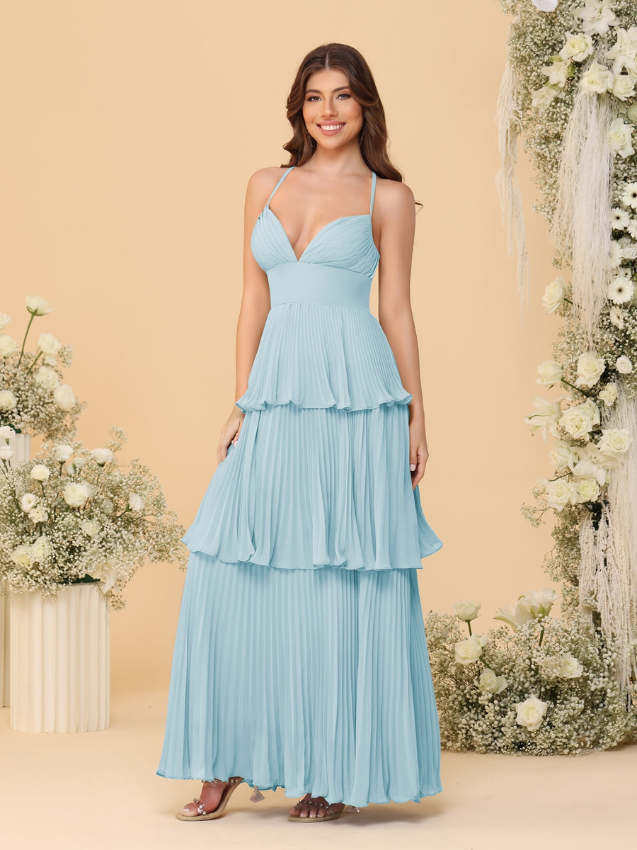 A-Line/Princess Spaghetti Straps Sleeveless Floor-Length Tiered Bridesmaid Dresses With  & Pleats