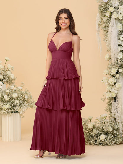 A-Line/Princess Spaghetti Straps Sleeveless Floor-Length Tiered Bridesmaid Dresses With  & Pleats