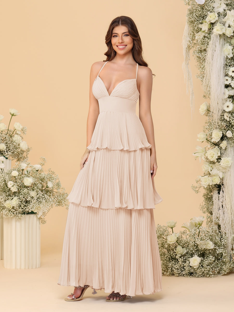 A-Line/Princess Spaghetti Straps Sleeveless Floor-Length Tiered Bridesmaid Dresses With  & Pleats