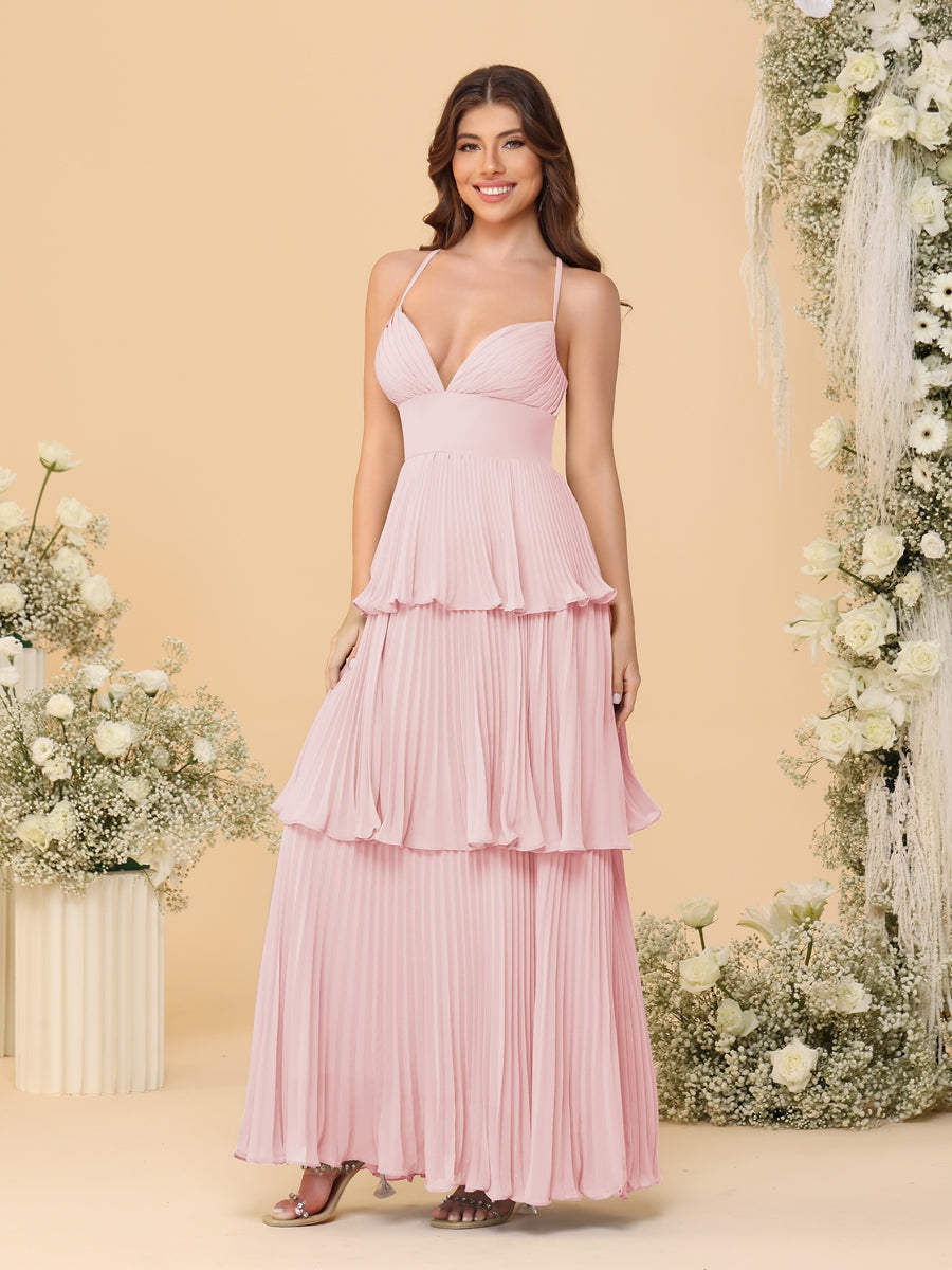 A-Line/Princess Spaghetti Straps Sleeveless Floor-Length Tiered Bridesmaid Dresses With  & Pleats