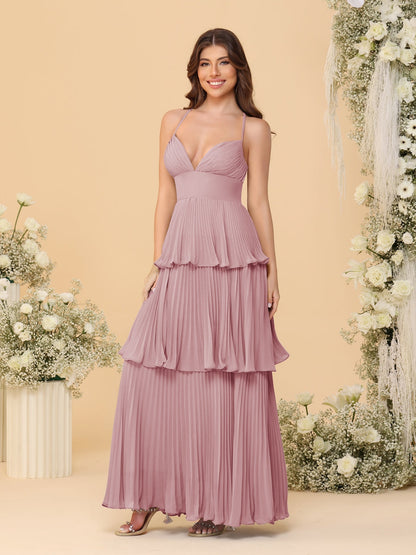 A-Line/Princess Spaghetti Straps Sleeveless Floor-Length Tiered Bridesmaid Dresses With  & Pleats