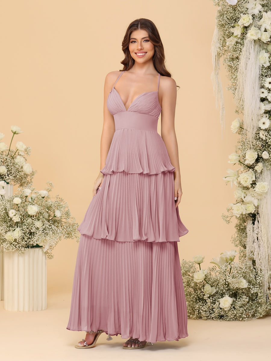 A-Line/Princess Spaghetti Straps Sleeveless Floor-Length Tiered Bridesmaid Dresses With  & Pleats