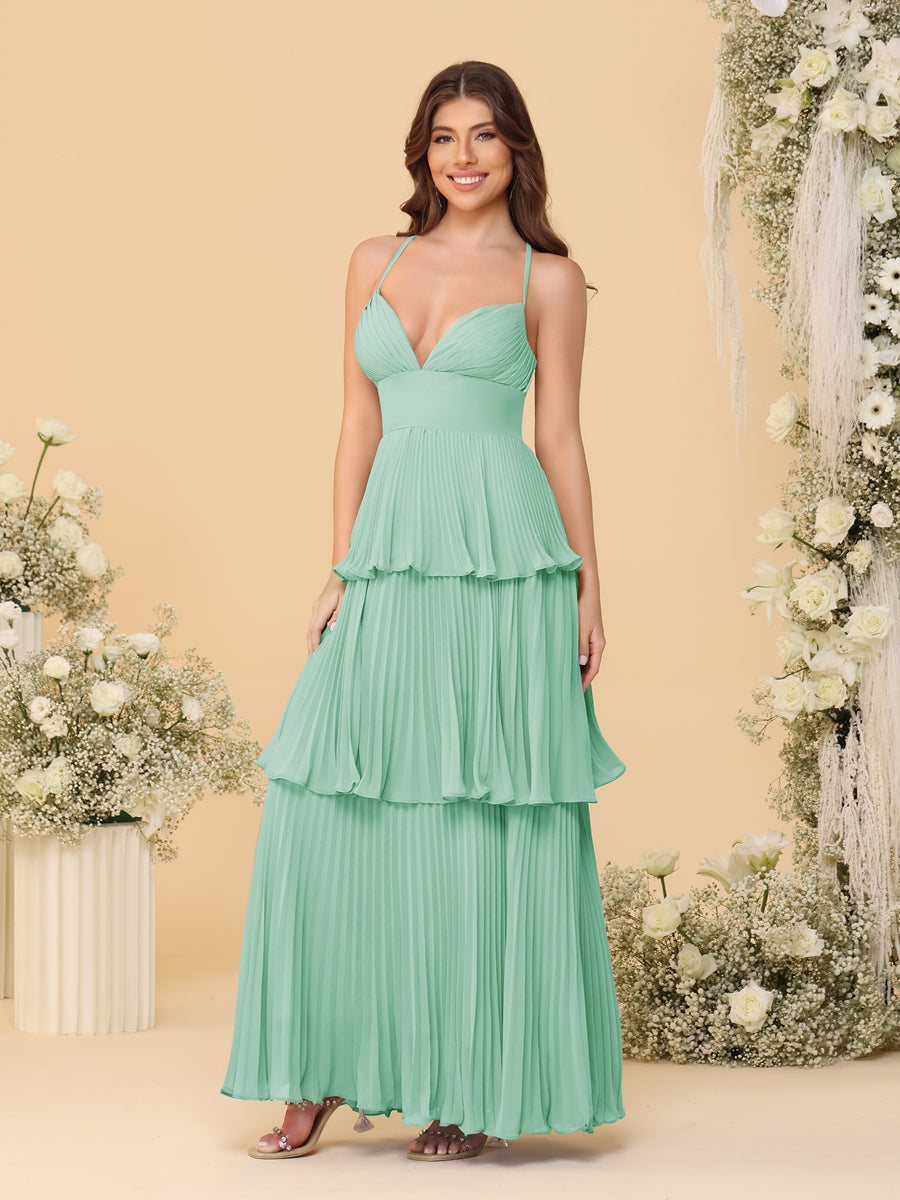 A-Line/Princess Spaghetti Straps Sleeveless Floor-Length Tiered Bridesmaid Dresses With  & Pleats
