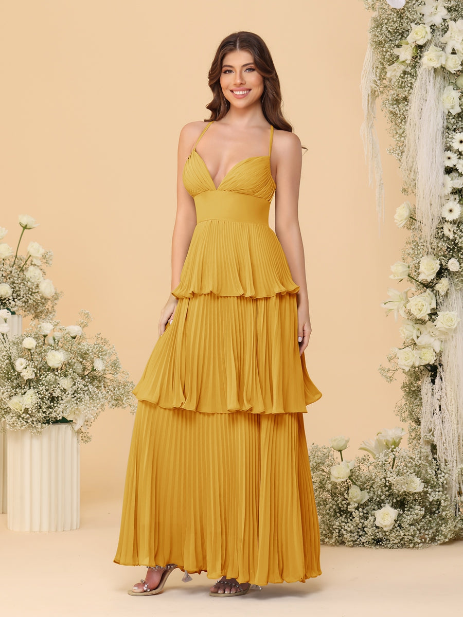 A-Line/Princess Spaghetti Straps Sleeveless Floor-Length Tiered Bridesmaid Dresses With  & Pleats