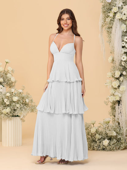 A-Line/Princess Spaghetti Straps Sleeveless Floor-Length Tiered Bridesmaid Dresses With  & Pleats