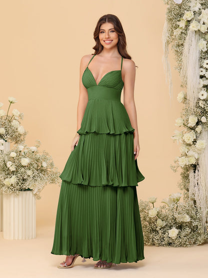 A-Line/Princess Spaghetti Straps Sleeveless Floor-Length Tiered Bridesmaid Dresses With  & Pleats