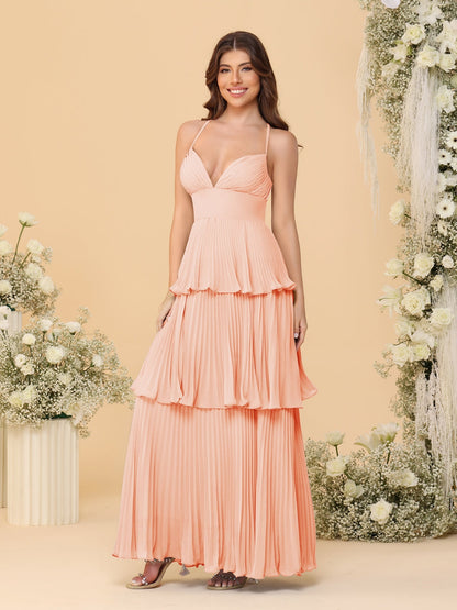 A-Line/Princess Spaghetti Straps Sleeveless Floor-Length Tiered Bridesmaid Dresses With  & Pleats
