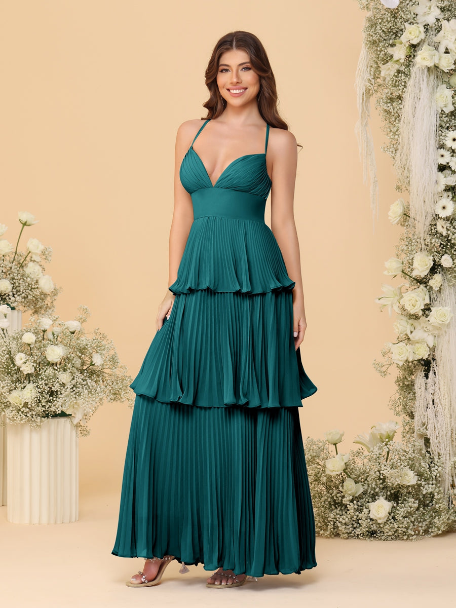 A-Line/Princess Spaghetti Straps Sleeveless Floor-Length Tiered Bridesmaid Dresses With  & Pleats