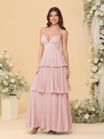 A-Line/Princess Spaghetti Straps Sleeveless Floor-Length Tiered Bridesmaid Dresses With  & Pleats