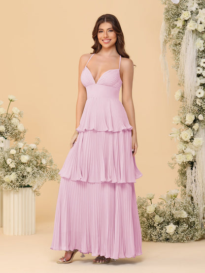 A-Line/Princess Spaghetti Straps Sleeveless Floor-Length Tiered Bridesmaid Dresses With  & Pleats