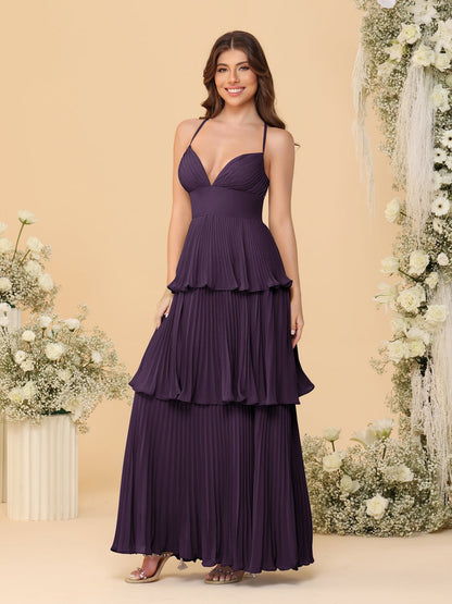 A-Line/Princess Spaghetti Straps Sleeveless Floor-Length Tiered Bridesmaid Dresses With  & Pleats