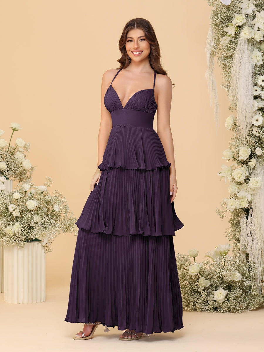 A-Line/Princess Spaghetti Straps Sleeveless Floor-Length Tiered Bridesmaid Dresses With  & Pleats