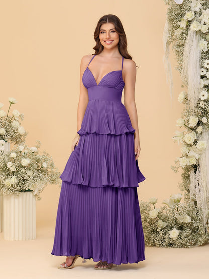 A-Line/Princess Spaghetti Straps Sleeveless Floor-Length Tiered Bridesmaid Dresses With  & Pleats